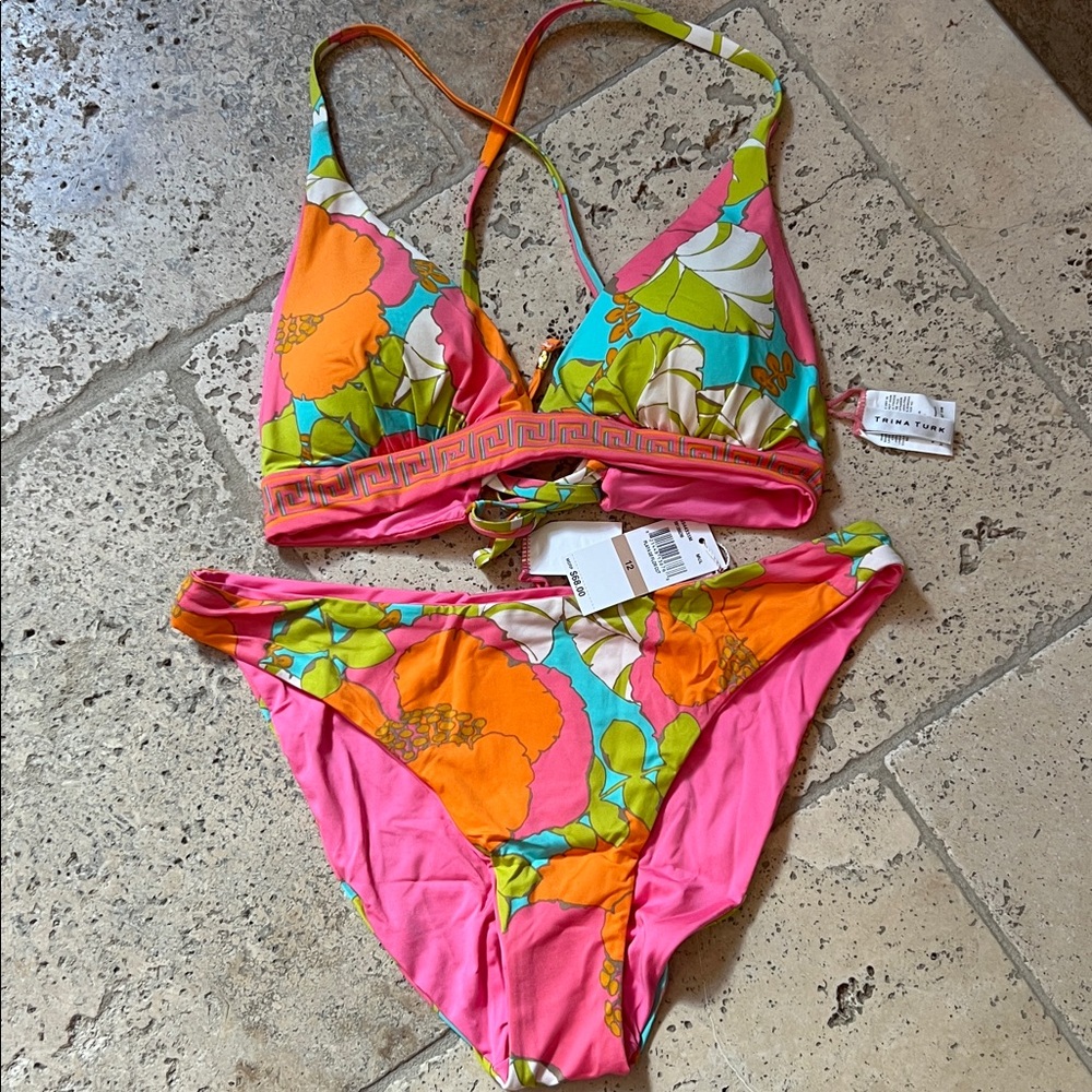 New TRINA TURK Playa De Flor Tunic Swimsuit tunic set bikini 12/L Cover-Up